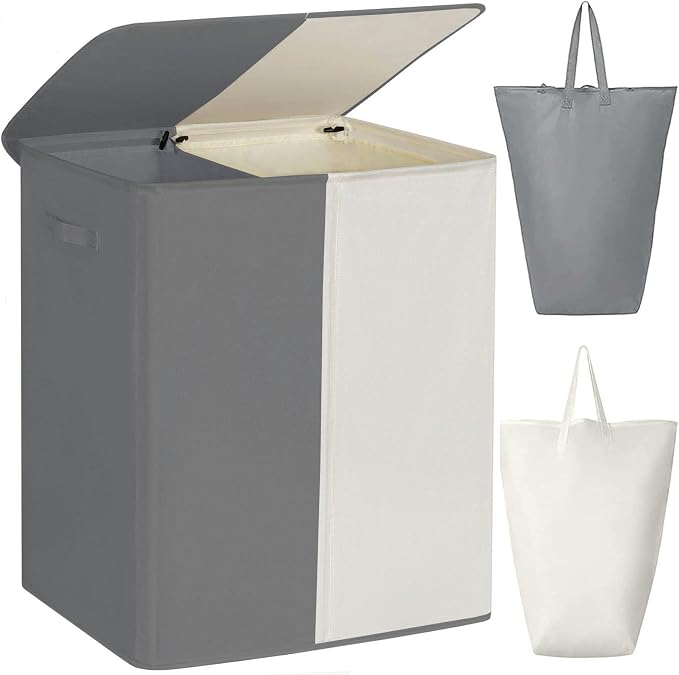 WOWLIVE Double Laundry Baseket with Lid and Removable Laundry Bags,154L Large Laundry Hamper 2 Section Collapsible Dirty Clothes Hamper for Laundry Room,College Dorm,Bathroom,Grey and Beige by WOWLIVE