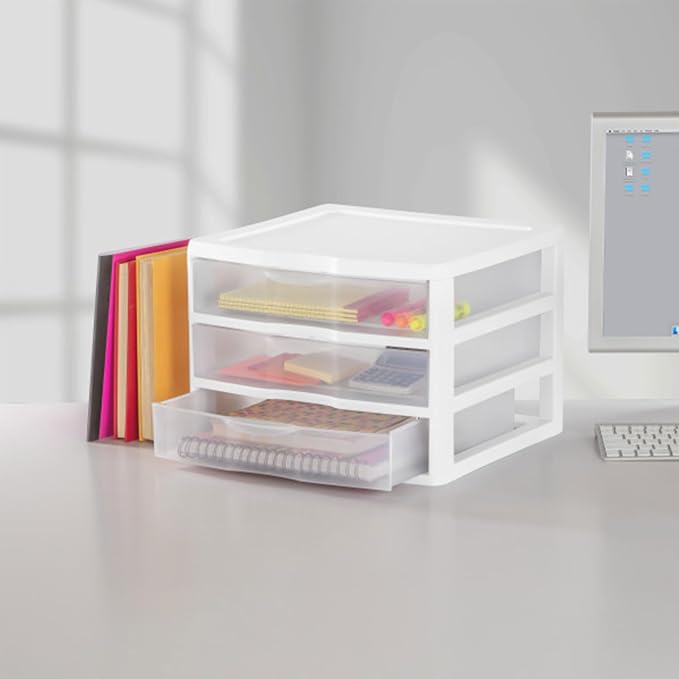 Sterilite 3-Pack Wide 3 Drawer Unit, Plastic Desktop Organizer with Clear Drawers, White Frame - Stackable Multi-Purpose Storage for Office Supplies, Craft Rooms, Classrooms and Home Organization - Image 5