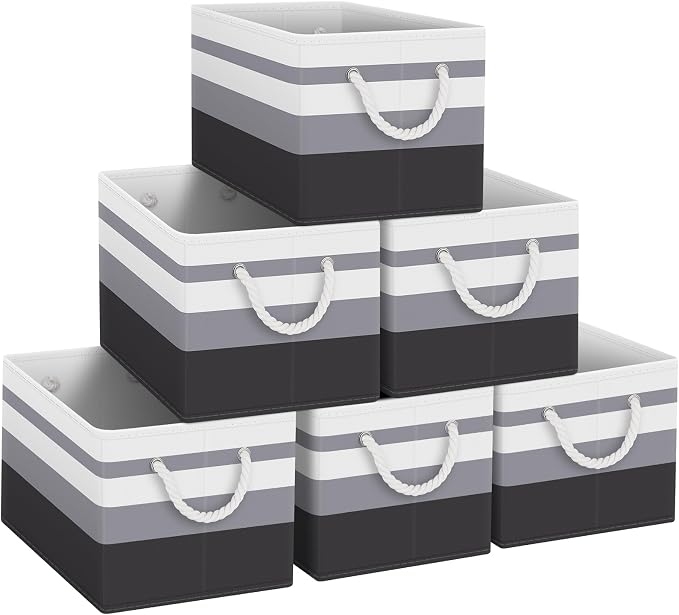 Fab totes Storage Bins [6-Pack], Foldable Storage Baskets for Organizing Toys, Books, Shelves, Closet, Large Storage Box with Rope Handles, Sturdy Organizer Bins,Gradient Grey by Fabtotes