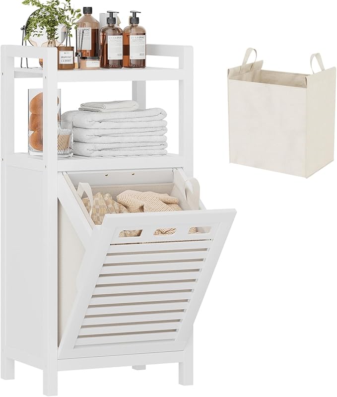 Homykic Tilt Out Laundry Hamper, 10 Gal Bamboo Laundry Storage Cabinet with Removable Basket, Hidden Hamper Organizer with Shelf for Dirty Clothes, Bathroom, Laundry Room, Space Saving, White by Homykic