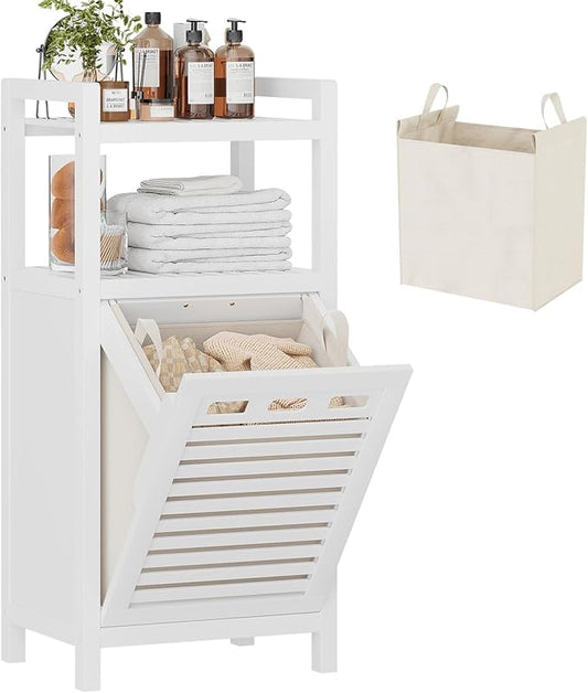 Homykic Tilt Out Laundry Hamper, 10 Gal Bamboo Laundry Storage Cabinet with Removable Basket, Hidden Hamper Organizer with Shelf for Dirty Clothes, Bathroom, Laundry Room, Space Saving, White by Homykic