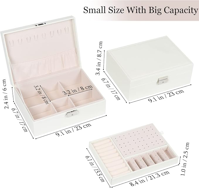 Jewelry Box for Women Girls, 2 Layers Jewelry Organizer Container with Lock, PU Leather Storage Case with Removable Tray, Jewelry Display Box for Necklaces Earrings Bracelets Rings Watches - White - Image 2