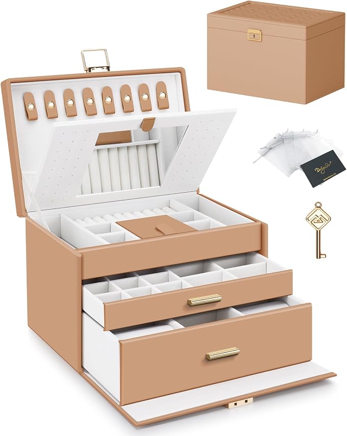 DesignSter Jewelry Box for Women Girl, 3-layer Lockable Jewelry Organizer with Mirror, Large Leather Jewelry Case for Earring Necklace Ring Bracelet Watch by DesignSter