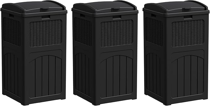 Greesum 33 Gallon Outdoor Trash Can with Lid, Waterproof Resin Garbage Bin for Hideaway, Deck, Patio, 3 Pack, Black by BuynowfromGreesum