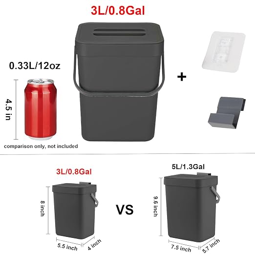 LALASTAR Mini Countertop Trash Can, Compact Waste Basket Garbage Can, Small Trash Bin with Lid for Desk/Office/Dorm, 3L/0.8 Gal, Black - Image 2