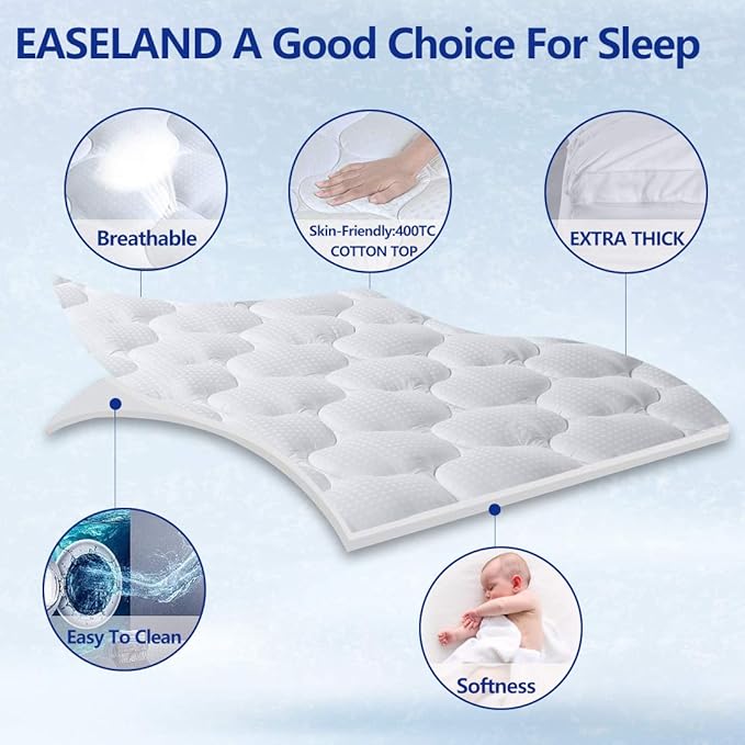 EASELAND Twin XL Mattress Topper Pillow Top Mattress Cover Quilted Fitted Mattress Protector Cotton Top 8-21" Deep Pocket Extra Thick Mattress Pad (39x80 Inches, White)