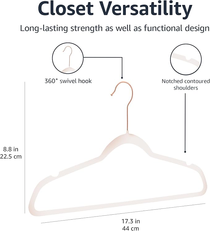 Amazon Basics Space Saving Slim Velvet Non-Slip Suit Clothes Hangers, Sturdy Construction, Closet Organizer, Pack of 50, Blush Pink/Rose Gold - Image 5