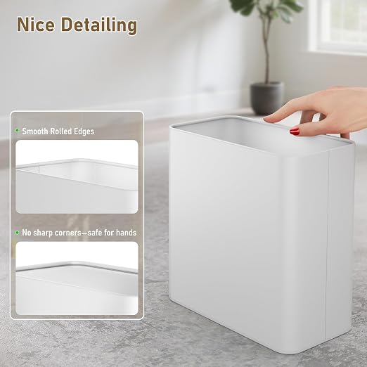 Small Bathroom Trash Can 2.4 Gallon Wastebasket Slim Metal Garbage Can Stainless Steel Trash Bin for Bedroom,Office,Kitchen,Toilet, rv, Near Desk, Under Sink (White) - Image 4