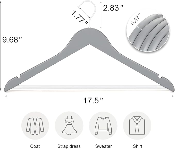 TOPIA HANGER Premium Wooden Hangers with Non-slip Pant Bar, 360°Swivel Hook and Shoulder Notches, 16 Pack Solid Wood Clothes Hangers for Suit, Coat, Jacket, Camisole(Grey/White)-CT35GW6 - Image 2