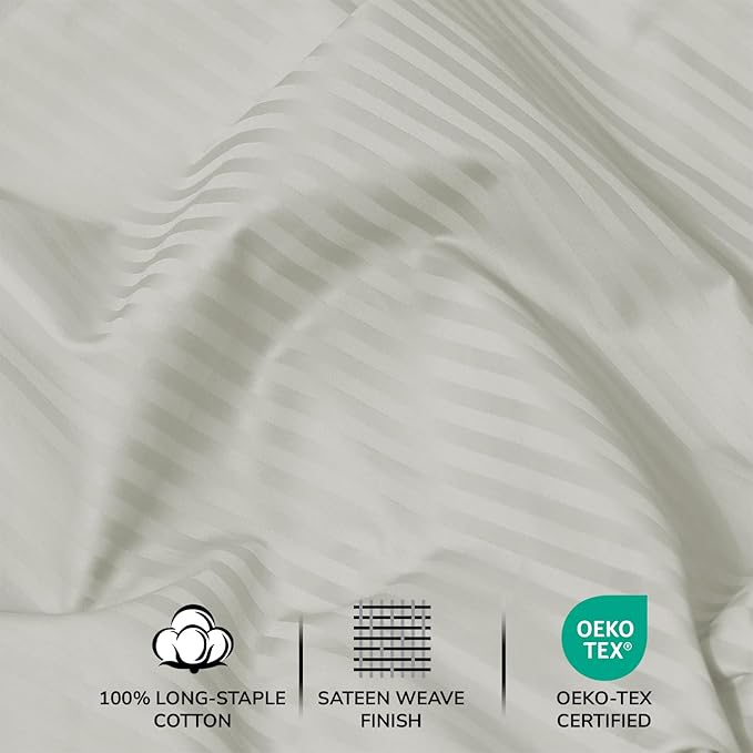 Feather & Stitch 500 TC California King Size Bed Sheet Set, 100% Cotton Soft Breathable Bedsheets, 4 Piece 18" Deep Pockets Sateen Weave Striped Bedding Mattress Resort Hotel - (Blue Blush Stripe)