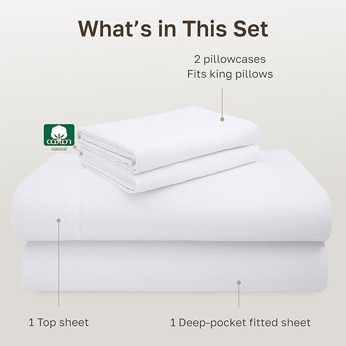 California Design Den California King Sheet Set - Luxury 600 Thread Count 100% Cotton Sateen, Deep Pocket Sheets with All Around Elastic for a Snug Fit, Durable Bedding Set - White
