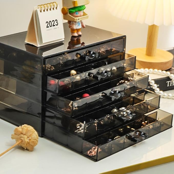 YUFONG Earring Storage Box Organizer, Acrylic Jewelry Storage Box Holder 5 Drawers Transparent Jewelry Display Stand with 120 Small Compartments Gift Boxes for Women Girls (Clear Black) - Image 2