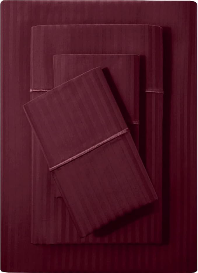 Feather & Stitch 500 TC California King Size Bed Sheet Set, 100% Cotton Soft Breathable Bedsheets, 4 Piece 18" Deep Pockets Sateen Weave Striped Bedding Mattress Resort Hotel Luxury- (Burgundy Stripe)