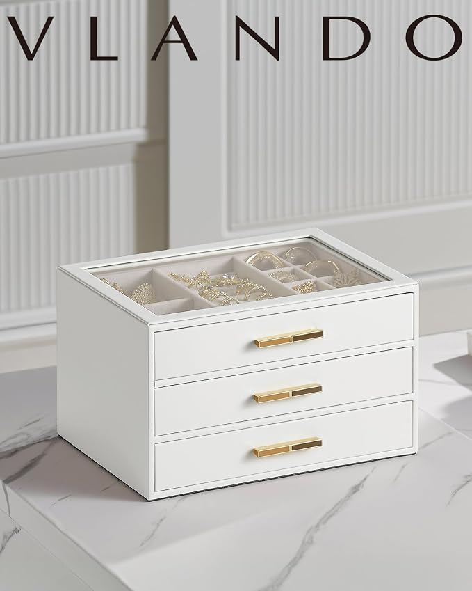 Vlando Jewelry Box for Women, Glass Lid Jewelry Organizer with 3 Drawers for Necklaces Rings Earrings Bracelets Christmas Gift - White - Image 7