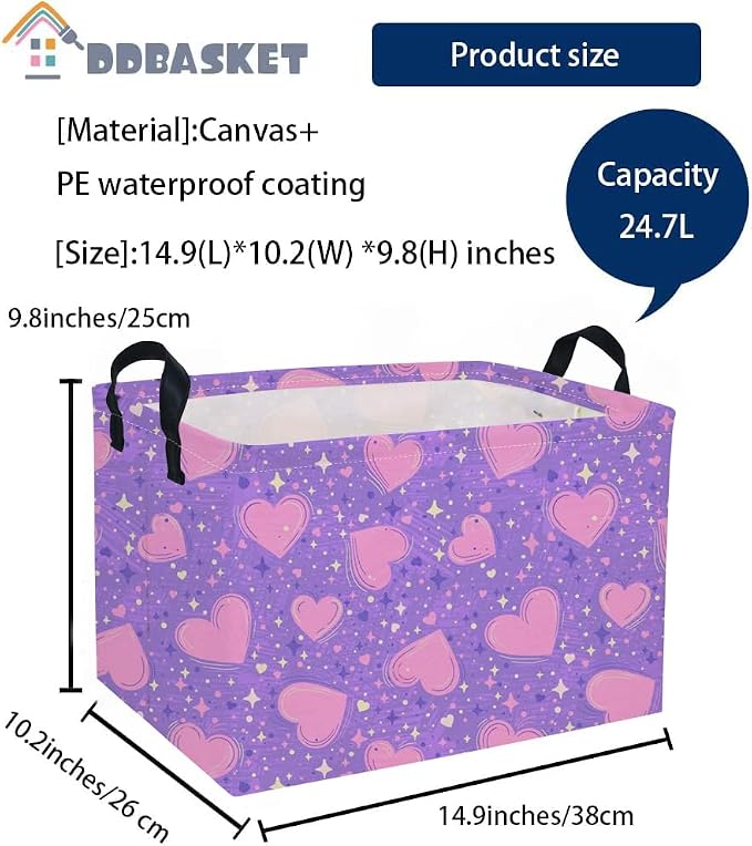 Rectangular Valentine's Day Baskets,Heart Basket,Girls Basket Kids Storage Bin Love Room Decor for Home.(Purple Heart) - Image 2