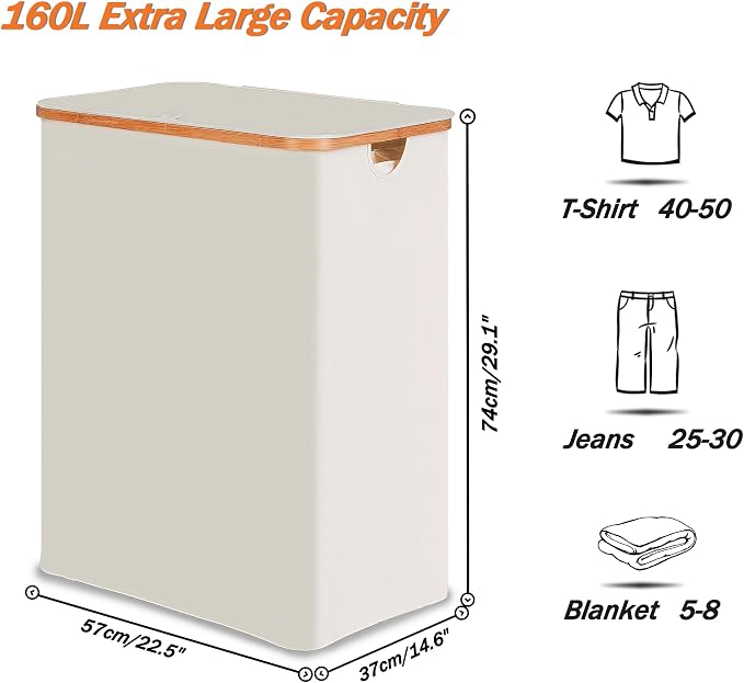 efluky Laundry Hamper with Lid, Trio Laundry Hamper with 3 Removable Bags, 3 Section Laundry Basket with Bamboo Handles for Bathroom, Bedroom & Laundry Room, 160L Beige - Image 2