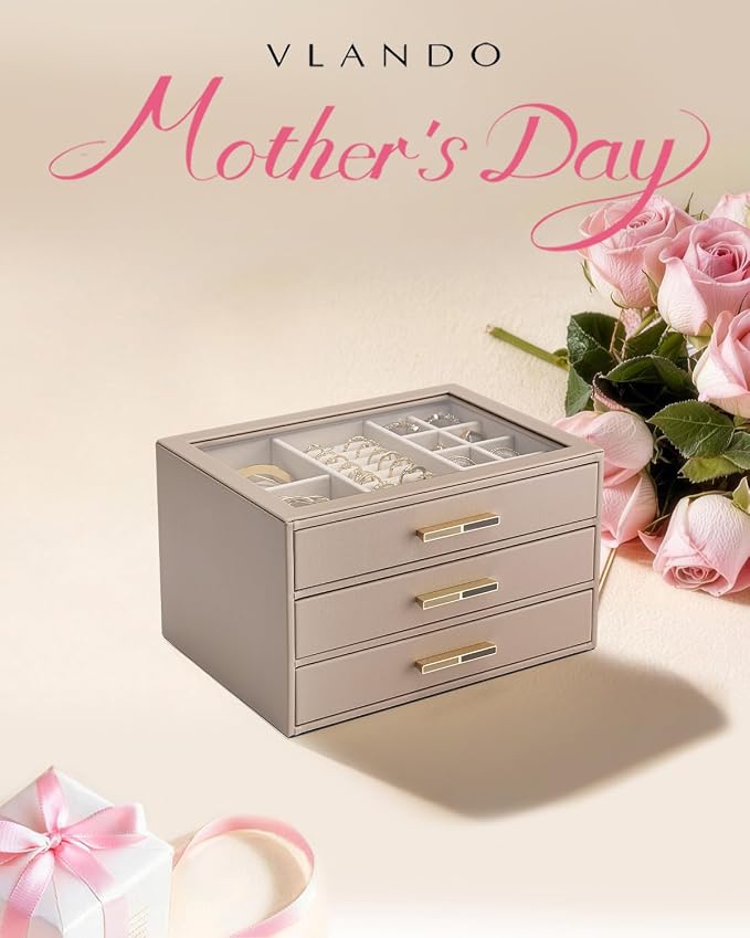 VLANDO 3 Layer Jewelry Box for Women, Mothers Day Gifts for Women, Glass Lid Jewelry Organizer with 3 Drawers for Necklaces Rings Earrings Bracelets - Toffee - Image 2