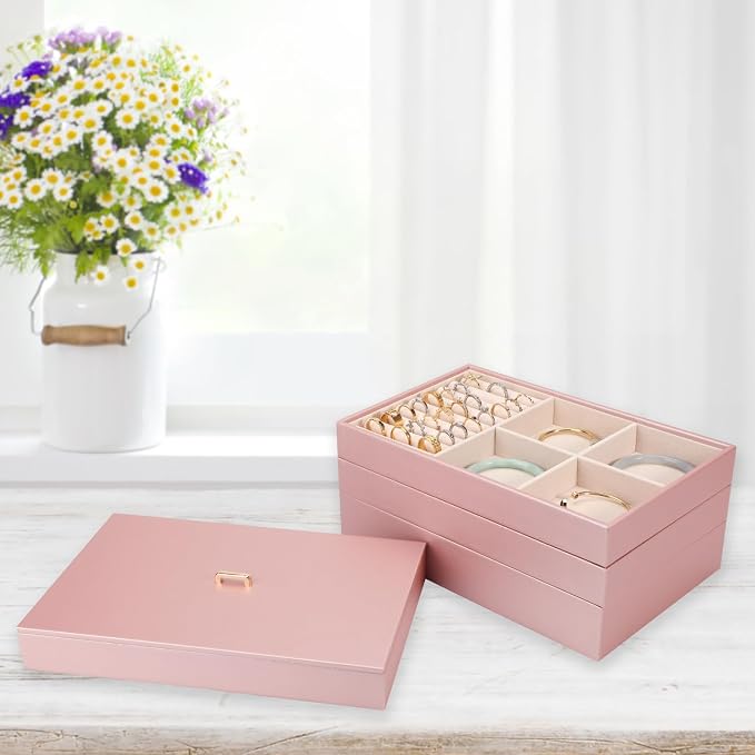 Voova Stackable Jewelry Organizer Tray with Lid, PU Leather Jewelry Storage Holder for Drawer Inserts, Jewellery Display Box Case for Earring Necklace Ring Watch Bracelet (Set of 4, Rose Gold) - Image 4