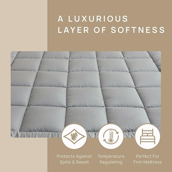 Quilted Fitted Mattress Pad, Elastic Fitted Mattress Topper Protector and Cover Stretches up to 14 Inches Deep, 4 Anchor Elastic Bands, Machine Washable (Lgrey, King)