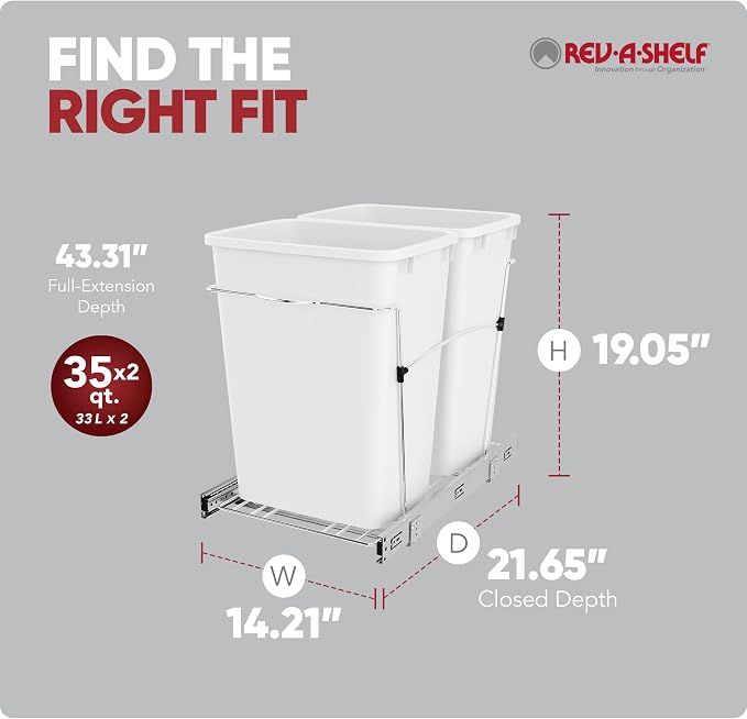 Rev-A-Shelf RV-18KD-11C S Double Pullout Trash Can for Kitchen Cabinets 35 Qt Garbage Recycling Bin on Full-Extension Slides, White - Image 3