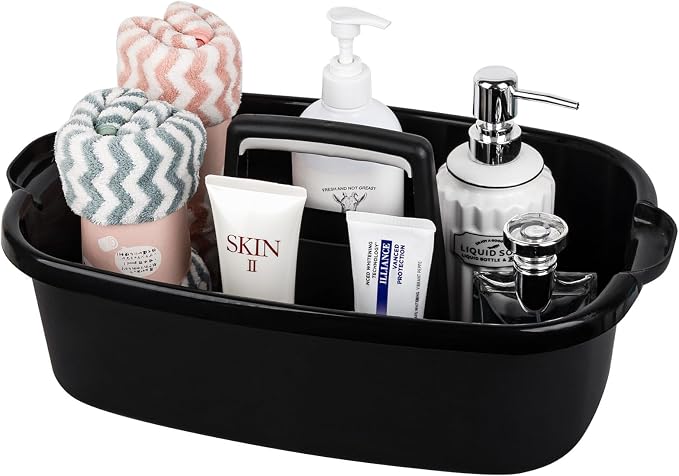 Large Cleaning Supplies Caddy Portable Shower Basket Supply Organizer with Handle Plastic Bucket Tool Storage for Bathroom, Bedroom, Kitchen, College Dorm, Garden, Black by JiatuA