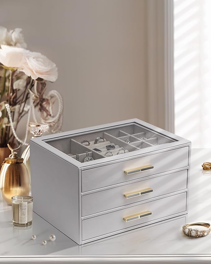 VLANDO Jewelry Box for Women, Glass Lid Jewelry Organizer with 3 Drawers for Necklaces Rings Earrings Bracelets - Grey - Image 2