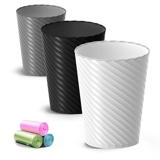 Lysam Bathroom Trash Can, 3 Pack 1.8 Gallons Small Trash Can with Trash Bags, Bathroom Garbage Can, Plastic Trash Bin, Round Waste Basket for Bedroom, Office, Room (White Black Grey) by Lysam