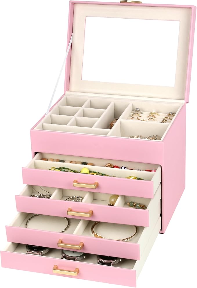 Kendal Jewelry Box, 5-Layer Jewelry Organizer Box with Glass Lid, Pink, Heart Shaped PU Leather, Storage Box for Necklace Earrings Rings Bracelets, Gift Idea for Girls LJC4DRPK - Image 2
