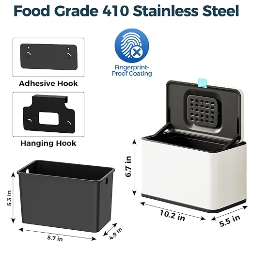 Stainless Steel Hanging Trash Can with Lid and Inner Bucket, 1 Gallon Kitchen Compost Bin for Counter Top, Under Sink or Wall Mount, Small Garbage Can for Cupboard/Bathroom/Bedroom/RV, White - Image 6
