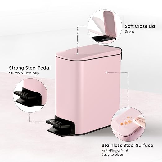 Cesun Small Bathroom Trash Can with Lid Soft Close, Step Pedal, 6 Liter / 1.6 Gallon Stainless Steel Garbage Can with Removable Inner Bucket, Anti-Fingerprint Finish (Pink) - Image 3