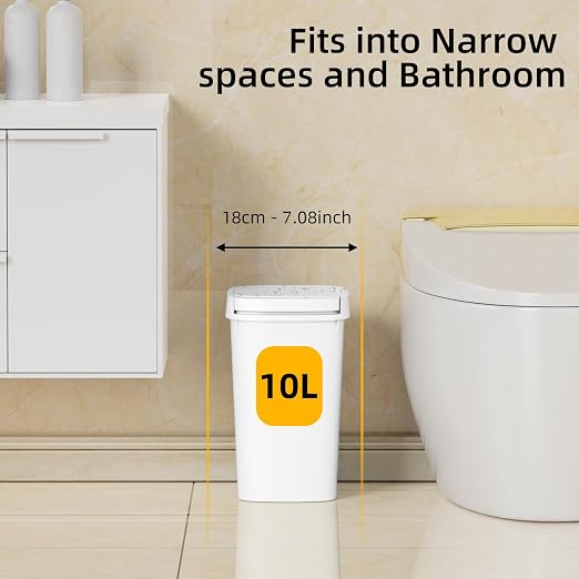 KSSKSS 3 Pack Bathroom Small Trash Can with Lid, 2.6 Gallon Slim Garbage Bin with Pop-Up Lid, 10L Plastic Wastebasket for Bedroom, Office, Kitchen, Toilet (White) - Image 3