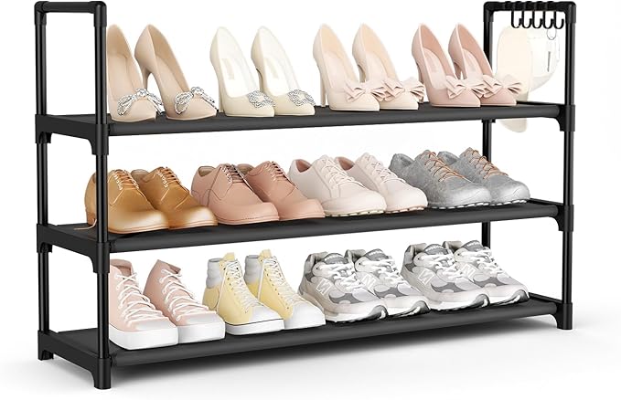 VILICK Shoe Rack for Closet Shoe Organizer Space Saver Storage for 12-15 Pair Shoe Shelf with Hook Free Standing 3 Tier Shoe Rack Organizer for Entryway, Small Spaces, Black by VILICK