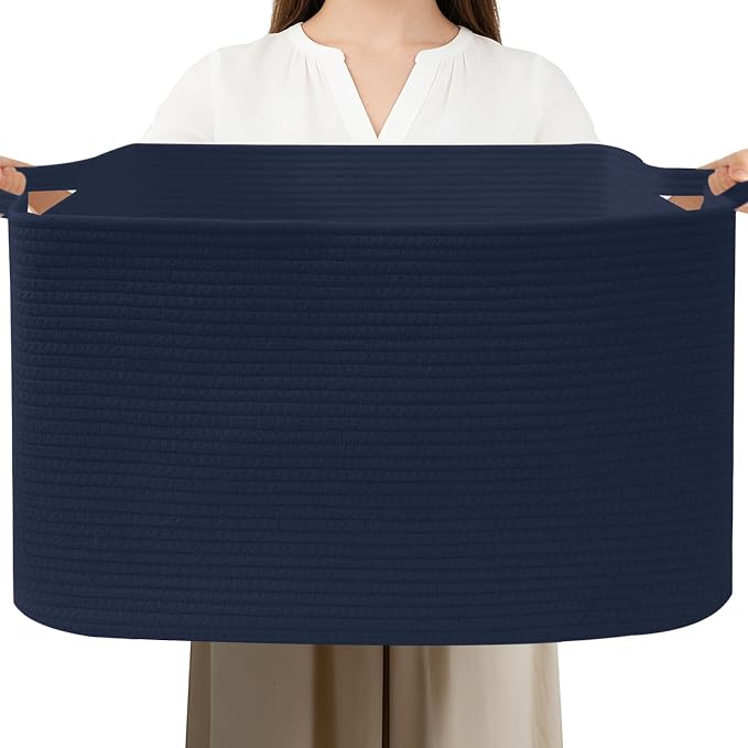 Large Blanket Basket,Woven Rope Basket Storage Bin with Handles,65L Rectangle Laundry Basket for Magazines,Toys,Clothes,Newspaper Shelf Organization,Nursery and Living Room,Navy by HZFTJOY