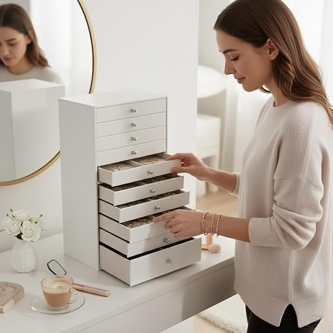 GUKA Large Jewelry Box, Jewelry Case with 10 Drawers for Big and Small Jewelry, Jewelry Storage Organizer for Watch Earrings Necklace Rings Bracelets, Birthday Wedding Gifts, White - Image 2