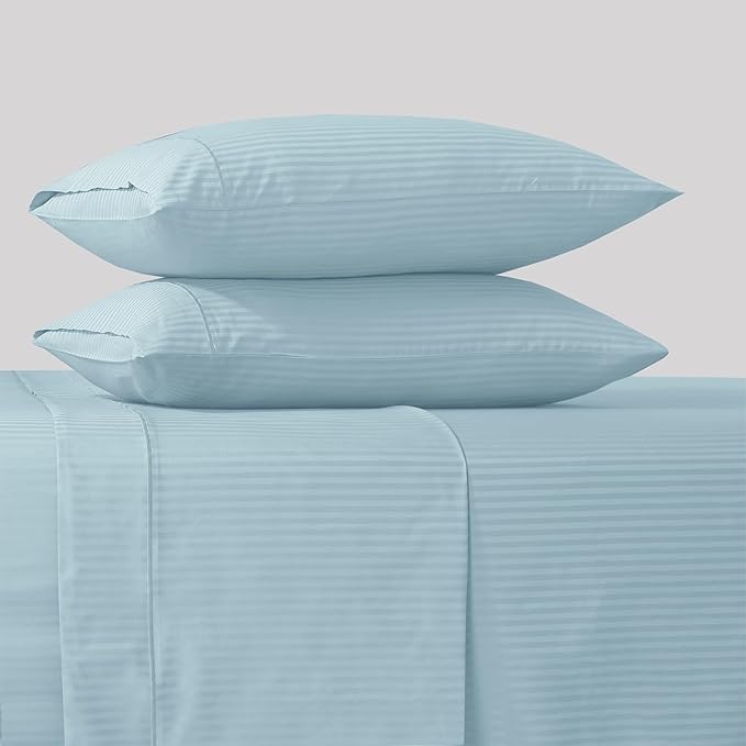 Feather & Stitch 500 TC Full Size Damask Bed Sheet Set, 100% Cotton Soft Breathable Bedsheets, 4 Piece 18" Deep Pockets Sateen Weave Striped Bedding Mattress Resort Hotel Luxury- (Aqua Stripe)