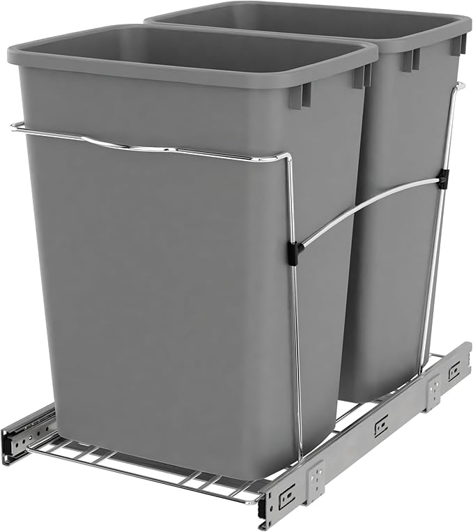 Rev-A-Shelf Double Pullout Trash Can for Kitchen Cabinets 35 Qt Garbage Recycling Bin on Full-Extension Slides, Silver, RV-18KD-17C S by Rev-A-Shelf