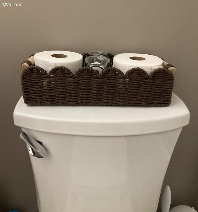 CubesLand Paper Rope Scalloped Edge Shelves Storage Basket, Woven Toilet Paper Baskets for Over Toilet Storage Shelf, Ending Table, Floating Shelves Organizing or Home Décor, with Wood Handle, Brown - Image 6