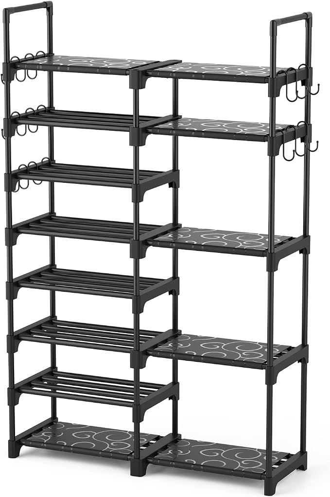ROJASOP Shoe Rack Organizer, 8-Tier Metal Shoe Rack for Closet Entryway Garage, 26-32 Pairs Tall Shoe Boot Storage Shelf with 15 Hooks, Stackable Large Shoe Stand by ROJASOP