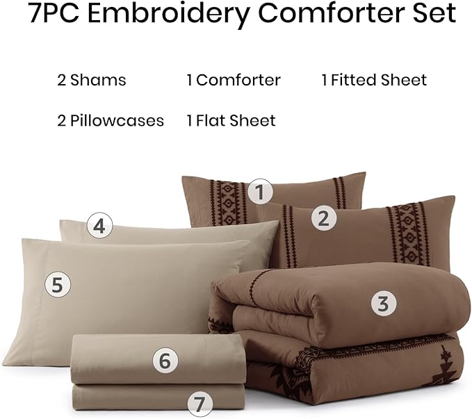 MaiRêve Embroidery Full Size Comforter Set Brown, Farmhouse Western Boho Bedding Set 7 Pieces, All Season Bed in A Bag Comforter Set with Sheets, Pillowcases & Shams