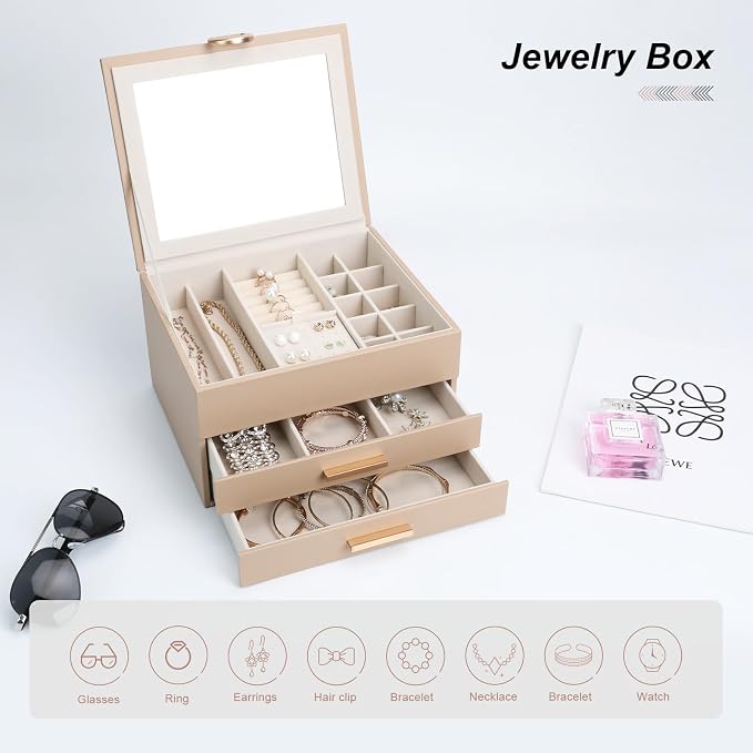 Elegant Gift Jewelry Box with Mirror - 3-Layer Organizer for Earrings, Rings, Necklaces, Ready to Give for Birthday Anniversary Christmas Apricot - Image 6