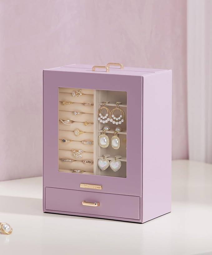 Homde Jewelry Organizer Girls Women Jewelry Box for Necklaces Rings Earrings Gift Bracelets Storage Case (Grey Purple + Gold) - Image 9