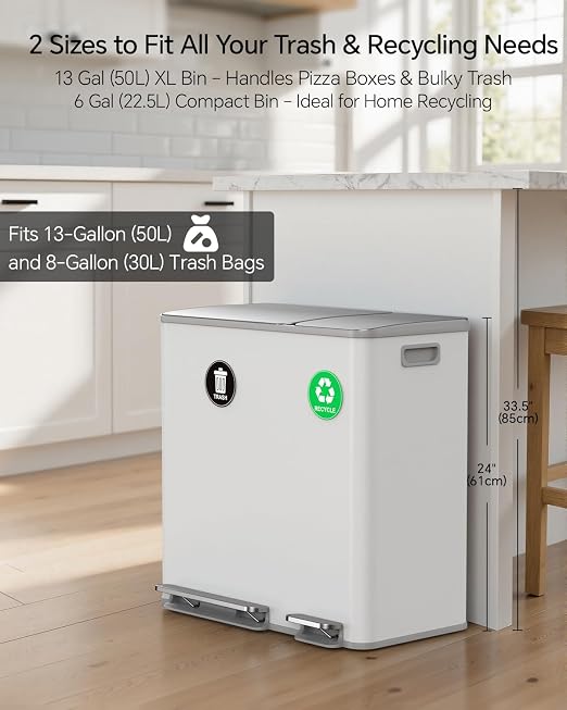 Lovewind Dual Trash and Recycling Bins for Kitchen, 13+6 Gallon Stainless Steel Garbage and Recycle Bin Combo for Large Families, Dual Trash Can with Soft Close Lid & Magnetic Stickers, White - Image 3