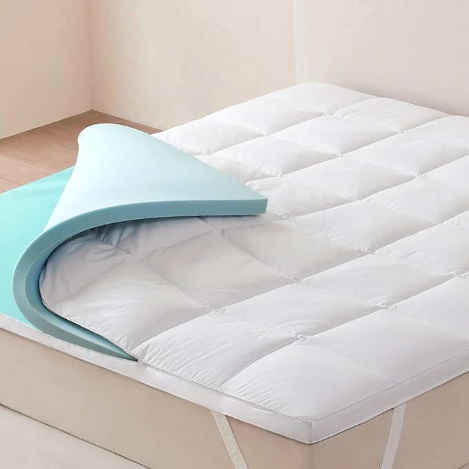 Dual Layer 2 Inch Memory Foam Mattress Topper California King Size, 1.5 Inch Cooling Gel Memory Foam and 0.5 Inch Goose Down Fibers Mattress Pad Cover for Pressure Relieving(72"x84")