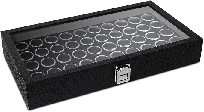 MOOCA Black Glass Top Jewelry Display Case Box 50 Gem Jars, Ring Box, Jewelry Organizer, Gem jar storage for Jewelry, Glass Display Box, storage Tray by Mooca