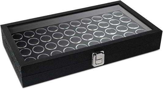 MOOCA Black Glass Top Jewelry Display Case Box 50 Gem Jars, Ring Box, Jewelry Organizer, Gem jar storage for Jewelry, Glass Display Box, storage Tray by Mooca