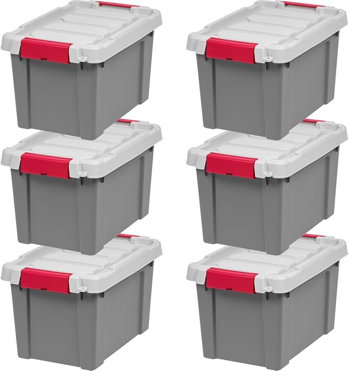 IRIS USA 5 Gallon Lockable Storage Totes with Lids, 6 Pack - Gray, Heavy-Duty Durable Stackable Containers, Large Garage Organizing Bins Moving Tubs, Rugged Sturdy Equipment Utility Tool Box by IRISUSA