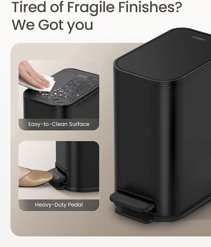 Cesun Small Bathroom Trash Can with Lid Soft Close, Step Pedal, 5 Liter / 1.3 Gallon Stainless Steel Garbage Can with Removable Inner Bucket, Waste Basket for Bathroom, Bedroom (Matte Black) - Image 3