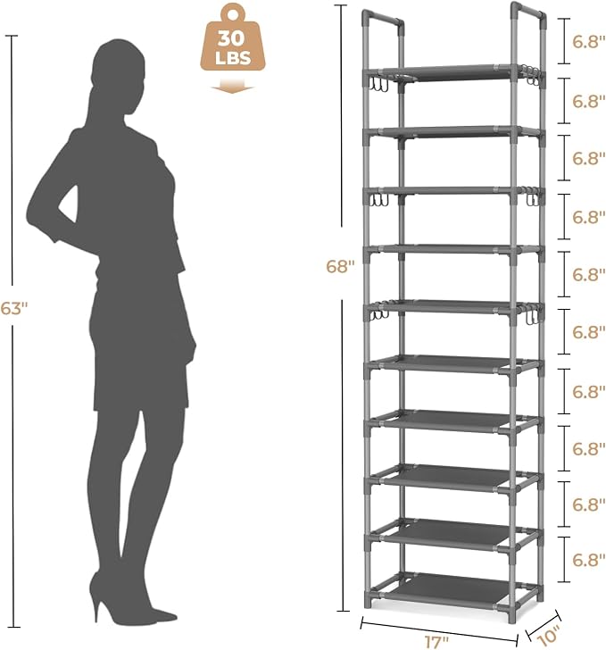 VTRIN 10 Tiers Tall Shoe Rack Holds 20-25 Pairs of Shoes Sturdy Vertical Shoe Organizer with 18pcs Hooks Stackable Narrow Shoe Rack for Closet, Entryway Grey - Image 3