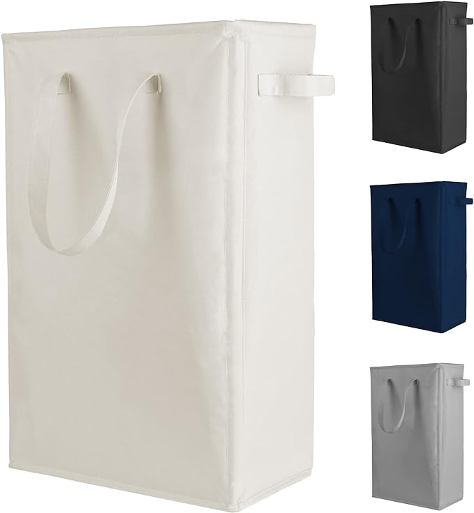 Odonata Slim Laundry Hamper Handles Collapsible Laundry Basket Thin Dirty Clothes Basket Narrow Laundry Bag Foldable Dirty Hamper 45L (Beige) by Odonata