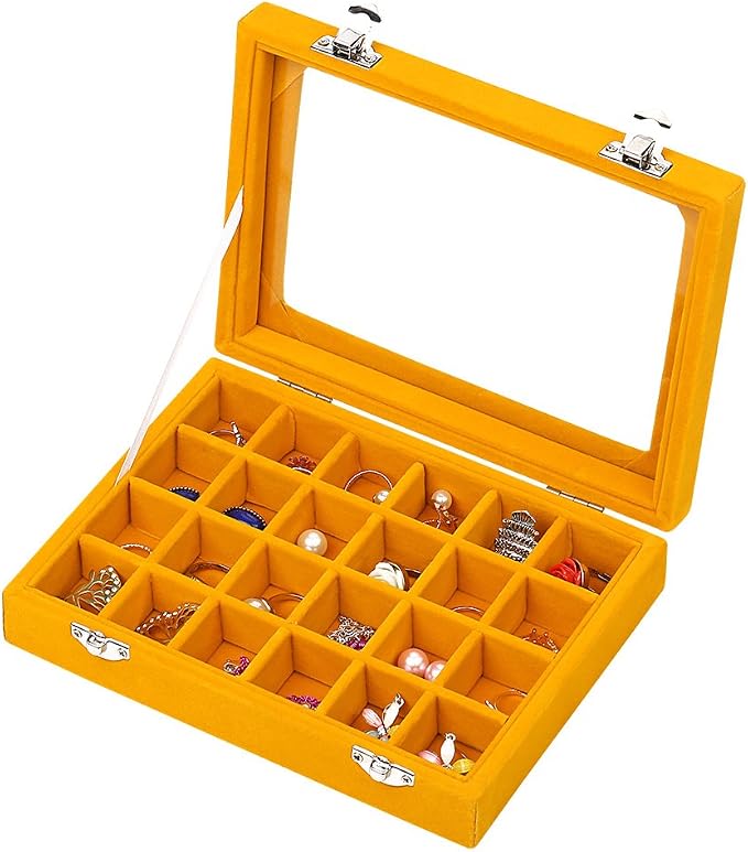 24 Grids Velvet Glass Ring Earrings Jewelry Box Earrings Organiser Storage Holder Display Case by LANTWOO